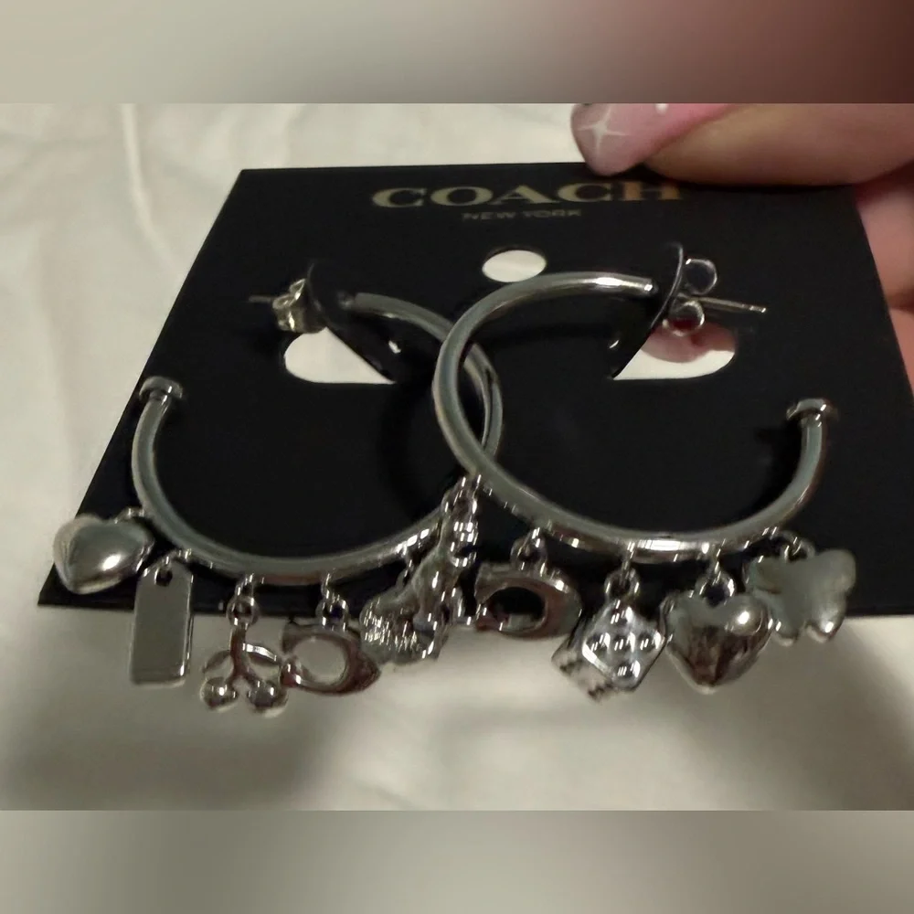 Coach Silver Tone Charm Hoop Earrings with Heart’s cherries dice and more! - Picture 2 of 4